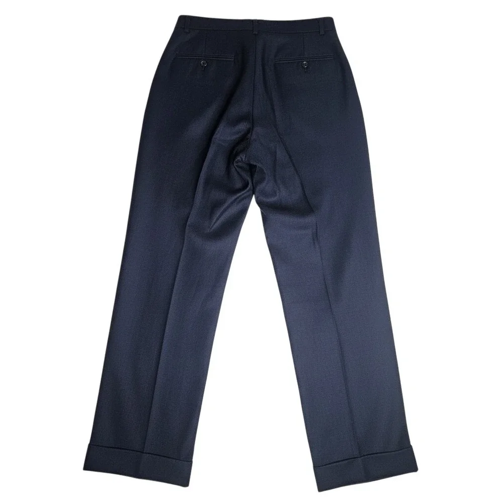 Vintage Navy Blue Pleated Cuffed Trousers Mens Straight Leg Dress Pants 29x27.5